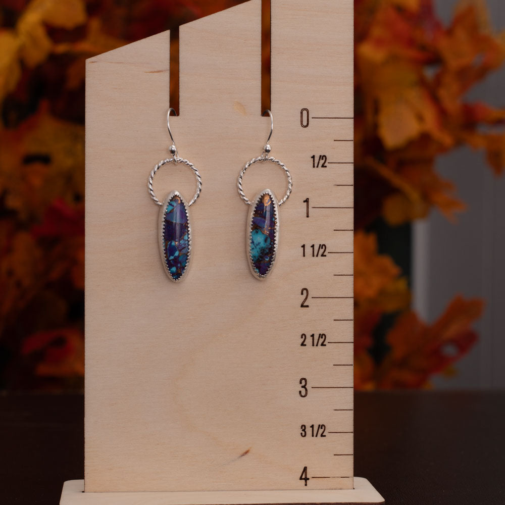 Purple Mohave and Kingman turquoise earrings with sterling and fine silver, 1 3/4 inches long, handcrafted in Vermont.