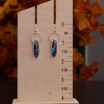 Purple Mohave and Kingman turquoise earrings with sterling and fine silver, 1 3/4 inches long, handcrafted in Vermont.