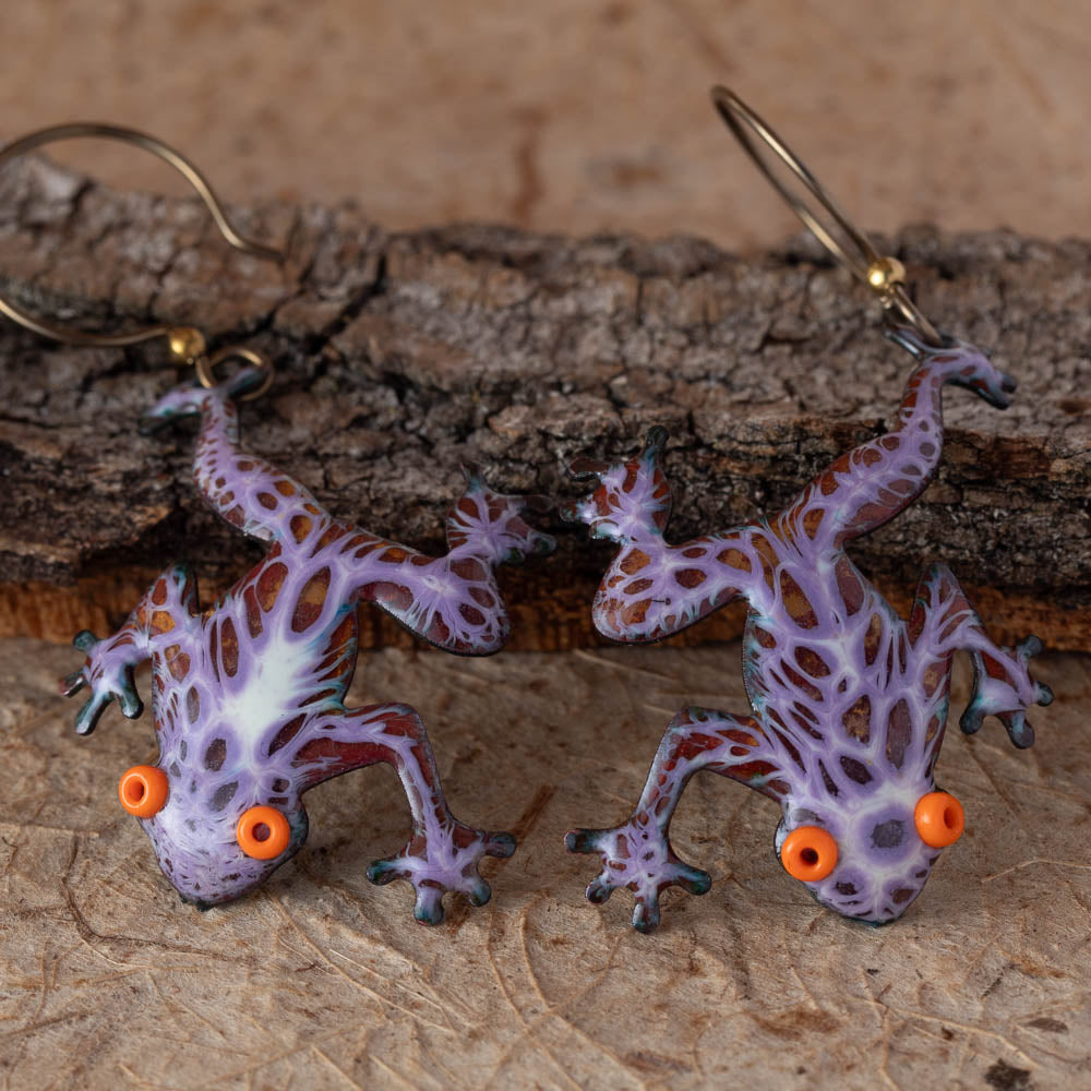 Colorful kiln-fired enamel tree frog earrings on copper with niobium ear wires, handmade in Vermont by Divella Designs.