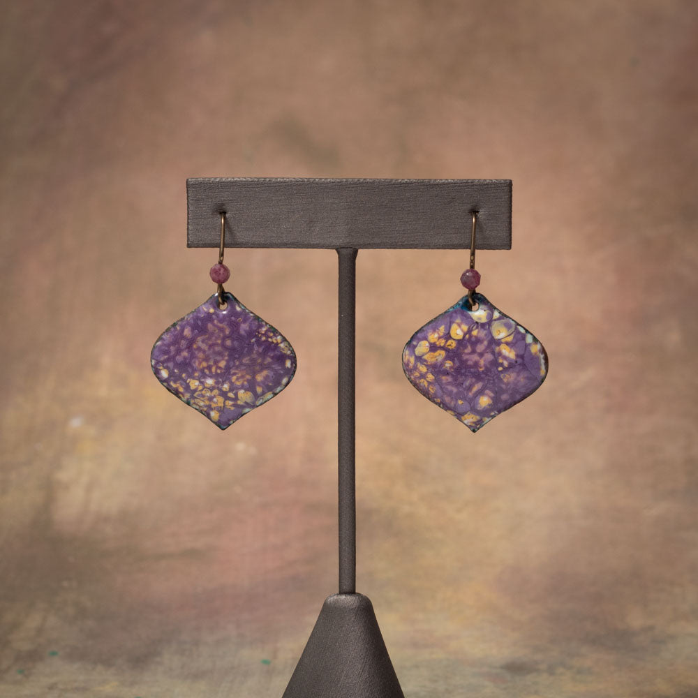 Purple yellow enamel gemstone petal drop earrings with hypoallergenic niobium ear wires, handmade by Divella Designs.