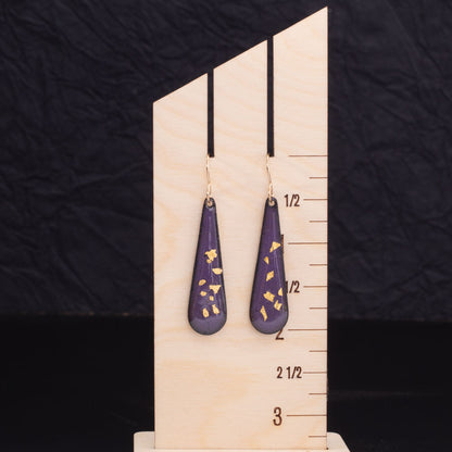 Purple and gold enamel teardrop earrings with 24k gold fired into the enamel and gold-filled ear wires, handmade by Divella Designs.
