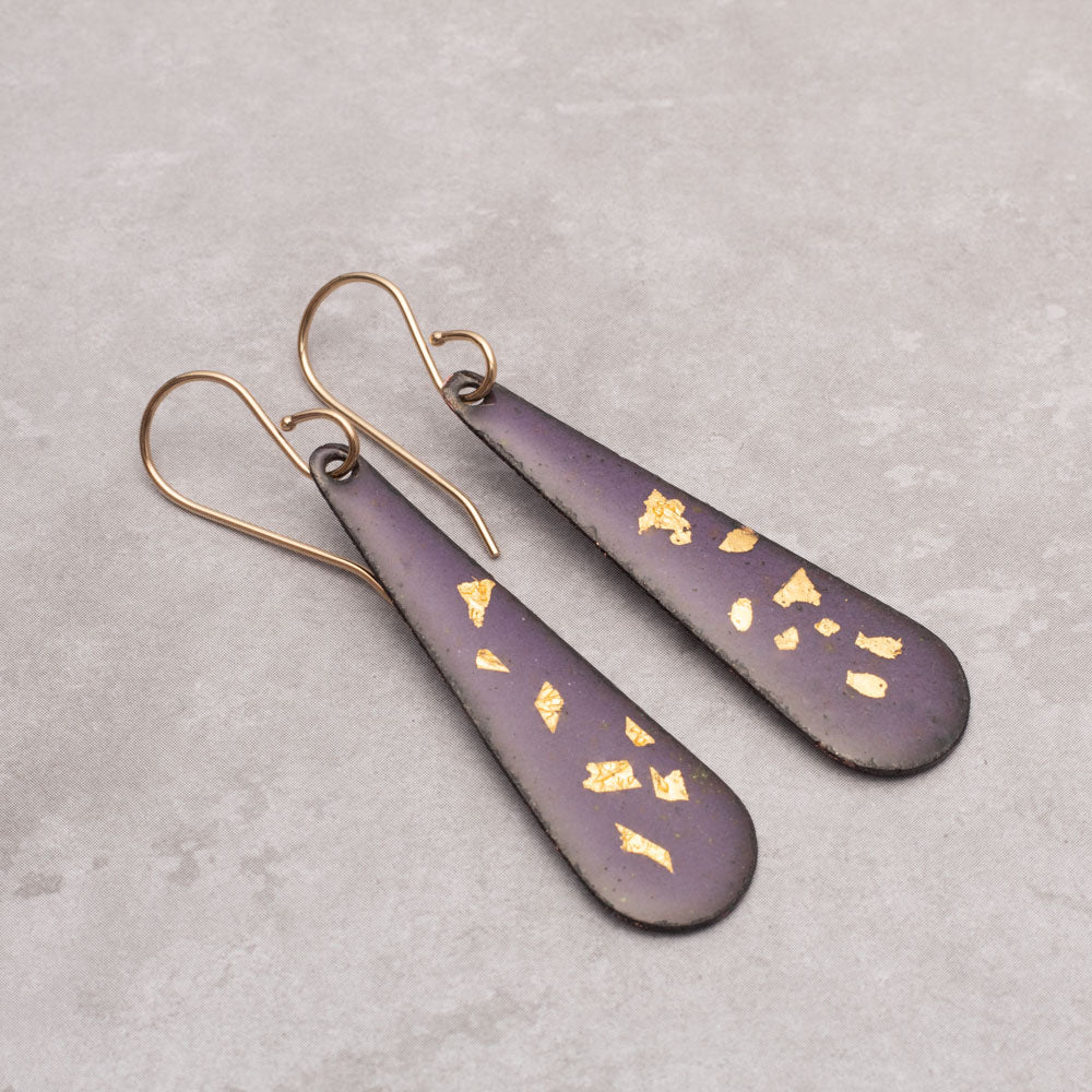Purple and gold enamel teardrop earrings with 24k gold fired into the enamel and gold-filled ear wires, handmade by Divella Designs.