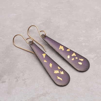 Purple and gold enamel teardrop earrings with 24k gold fired into the enamel and gold-filled ear wires, handmade by Divella Designs.