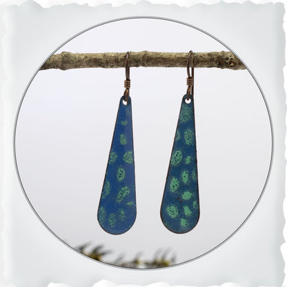 Handmade blue and green enamel teardrop earrings with oxidized copper ear wires