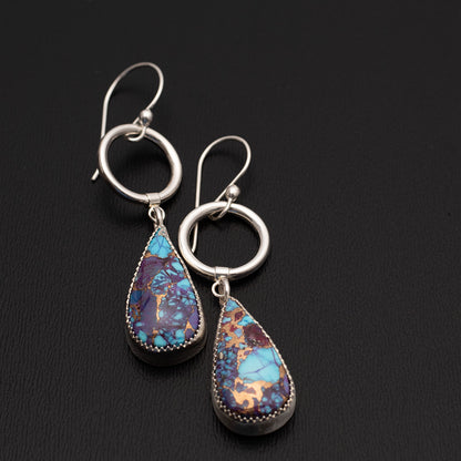 Handmade Purple Mohave turquoise teardrop earrings with Kingman turquoise and bronze matrix, fine silver bezel, sterling silver hoops, artisan crafted in Vermont.