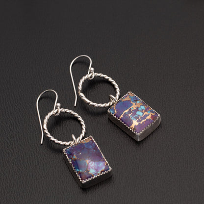 One-of-a-kind Purple Mohave turquoise rectangle earrings with bronze and Kingman turquoise matrix, fine and sterling silver, artisan crafted.