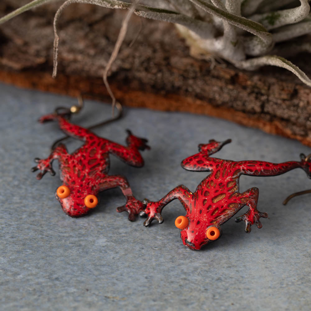 Colorful kiln-fired enamel tree frog earrings on copper with niobium ear wires, handmade in Vermont by Divella Designs.
