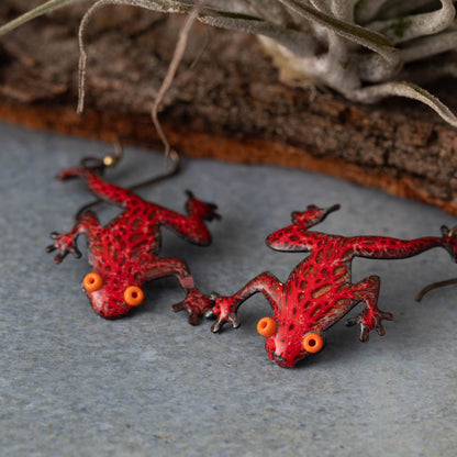 Colorful kiln-fired enamel tree frog earrings on copper with niobium ear wires, handmade in Vermont by Divella Designs.