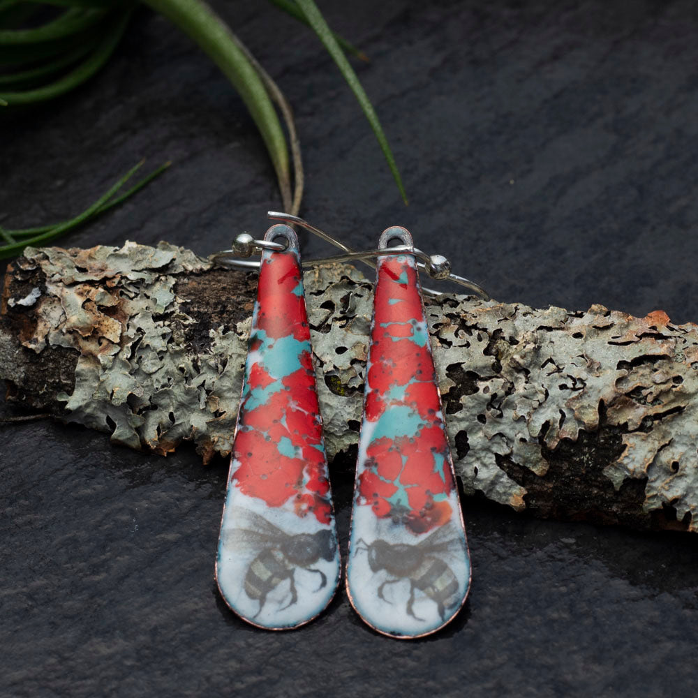 Enamel bee earrings with floral splatter and sterling silver ear wires