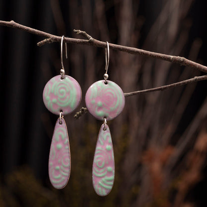 Rose and mint enamel copper earrings with botanical color and sterling silver ear wires, handmade by Divella Designs.