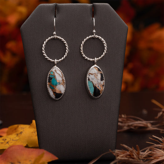 Oval White Buffalo turquoise and Kingman turquoise earrings, fine and sterling silver, 1 3/4 inch long, handmade Vermont jewelry.