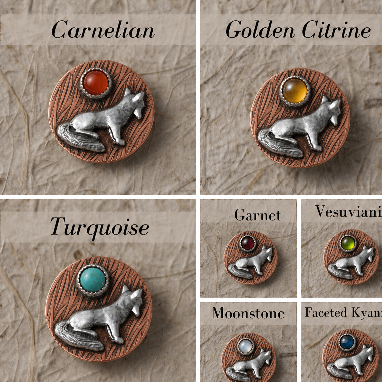 Stone-choice collage for a sterling silver fox pendant on textured copper with seven gemstone options