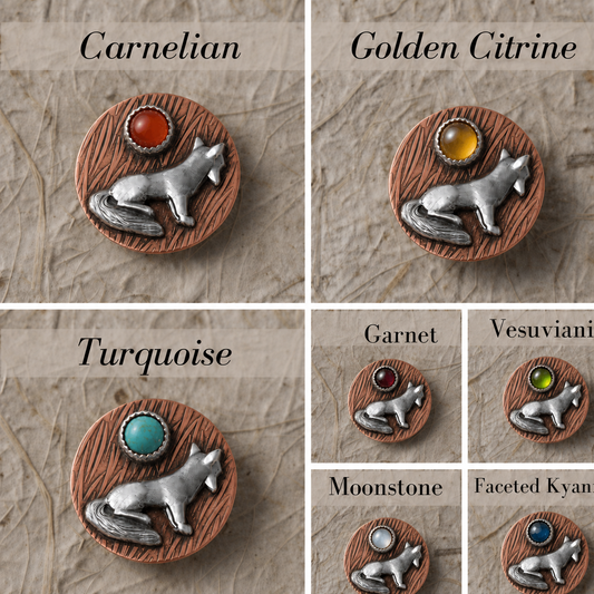 Stone-choice collage for a sterling silver fox pendant on textured copper with seven gemstone options