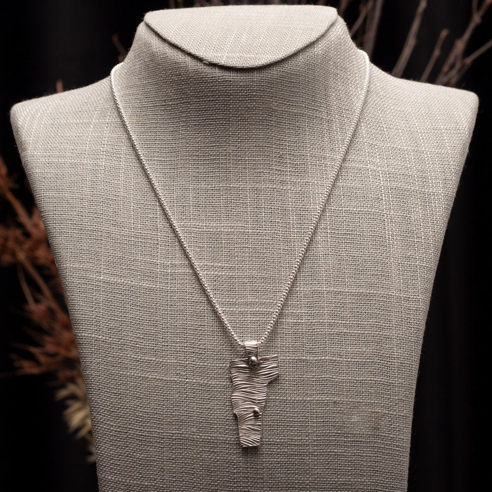Fine silver Vermont necklace with approximately 1 1/2 inch pendant, handmade in Vermont by Divella Designs.