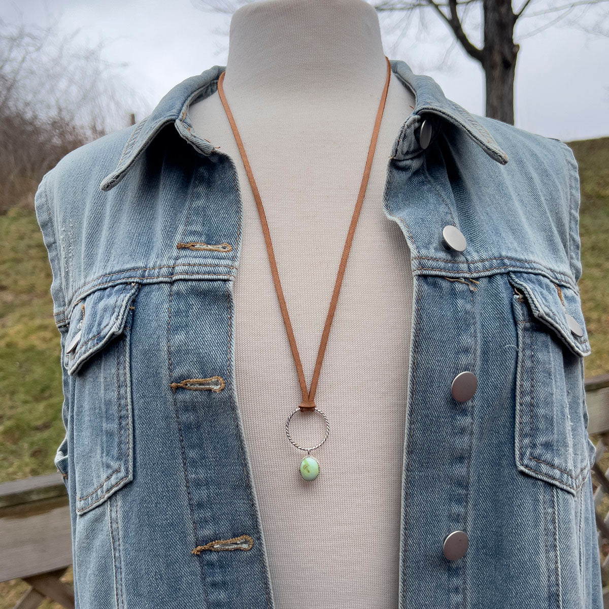 variscite pendant on adjustable leather cord necklace