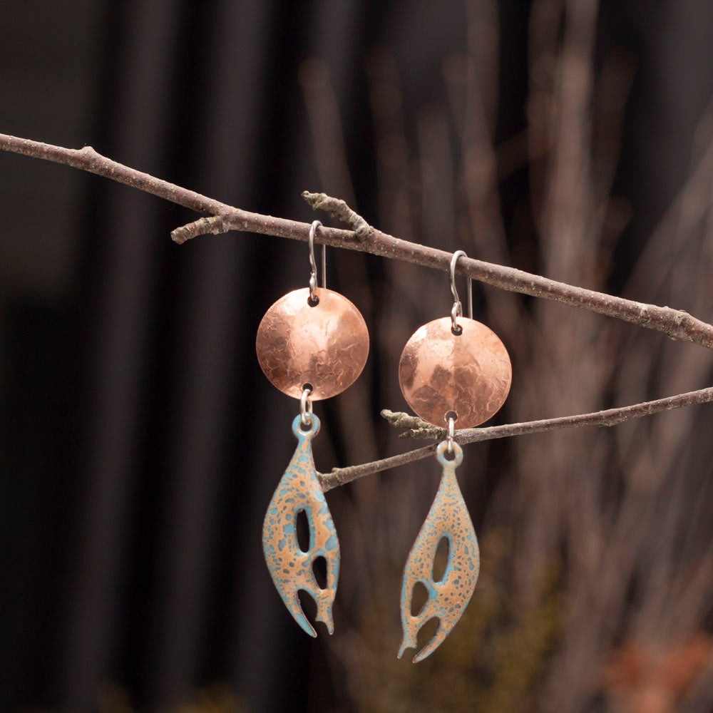 Handmade copper and enamel earrings with organic shape and hammered disc in orange and sky blue