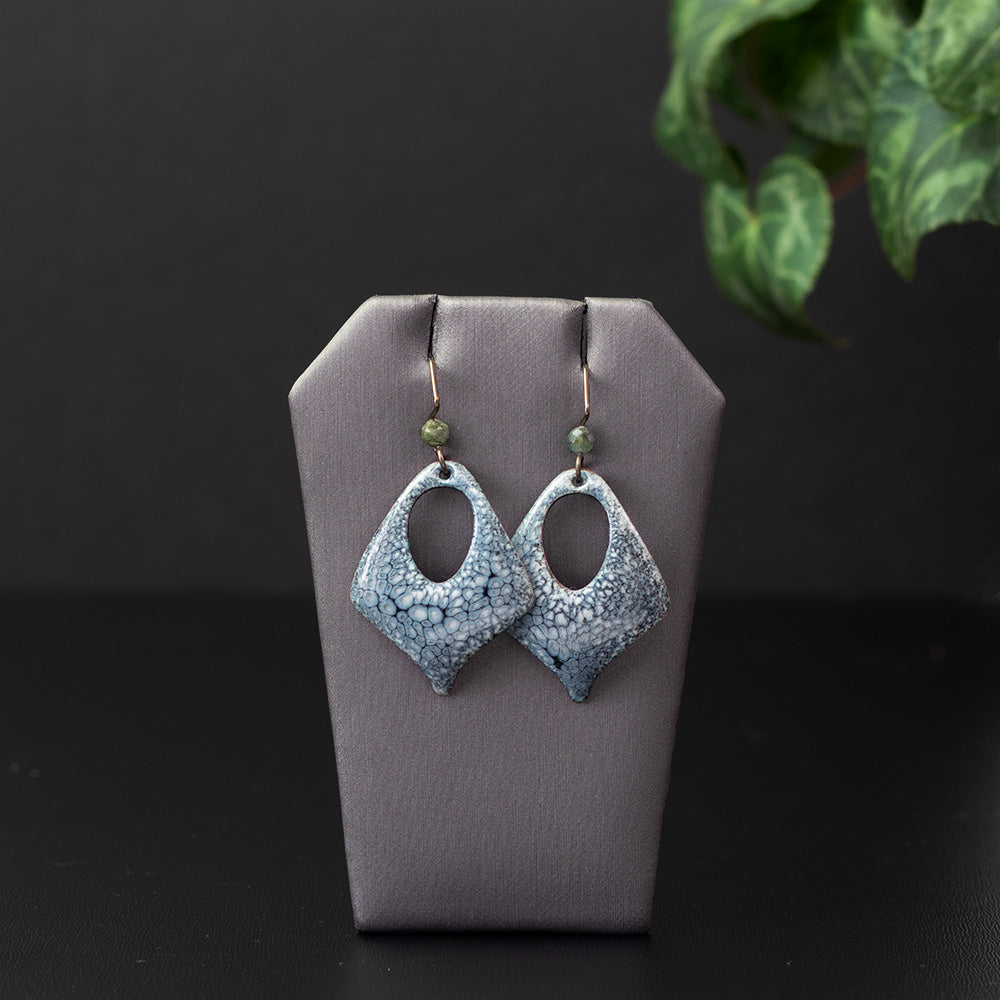 Smoky gray enamel tourmaline diamond drop earrings with center cutouts and hypoallergenic niobium ear wires, handmade by Divella Designs.