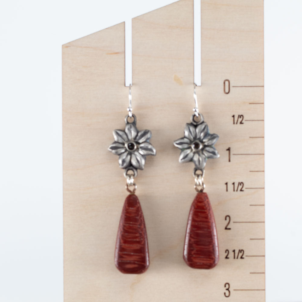 Bubinga wood and smoky quartz flower earrings with sterling silver accents and sterling silver ear wires, handmade in Vermont by Divella Designs.