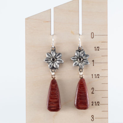 Bubinga wood and smoky quartz flower earrings with sterling silver accents and sterling silver ear wires, handmade in Vermont by Divella Designs.