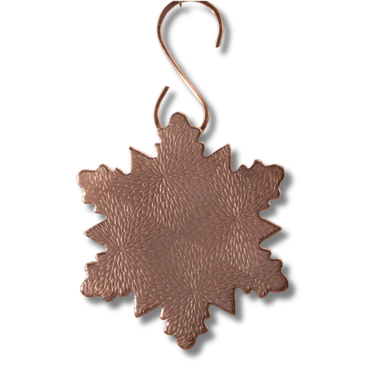 Handmade copper snowflake ornament with textured pattern, 3x3 inches (5" with hook), rustic winter holiday décor, artisan made in Vermont.
