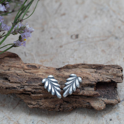 Sterling silver leaf stud earrings by Divella Designs, handmade in Vermont with satin finish, styled on bark with lichen and wildflowers