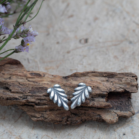 Sterling silver leaf stud earrings by Divella Designs, handmade in Vermont with satin finish, styled on bark with lichen and wildflowers