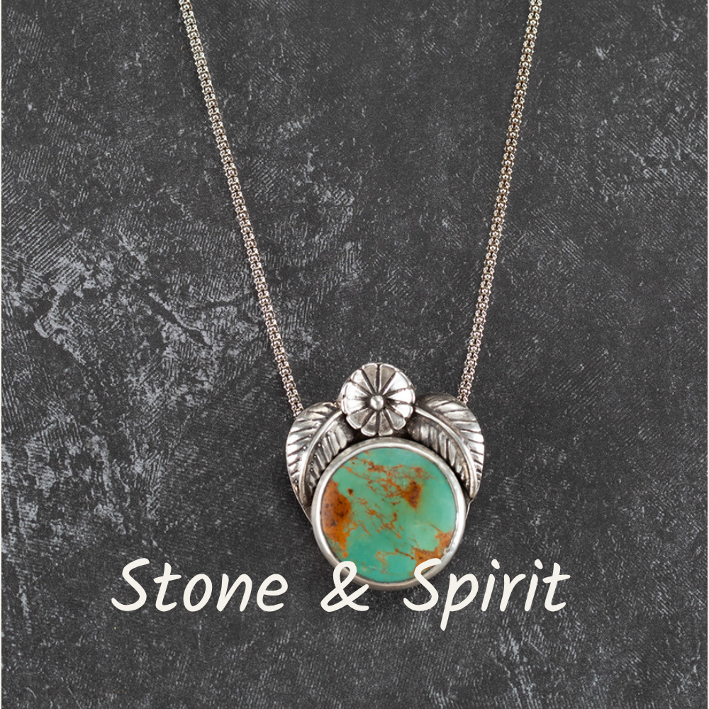 Necklace with turquoise pendant on a dark textured background, featuring 'Stone & Spirit' text.
