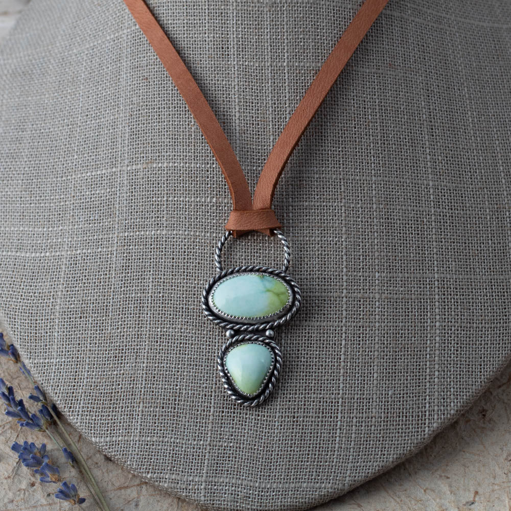double variscite pendant with oval and teardrop stones in sterling silver on adjustable leather cord, handmade Vermont jewelry