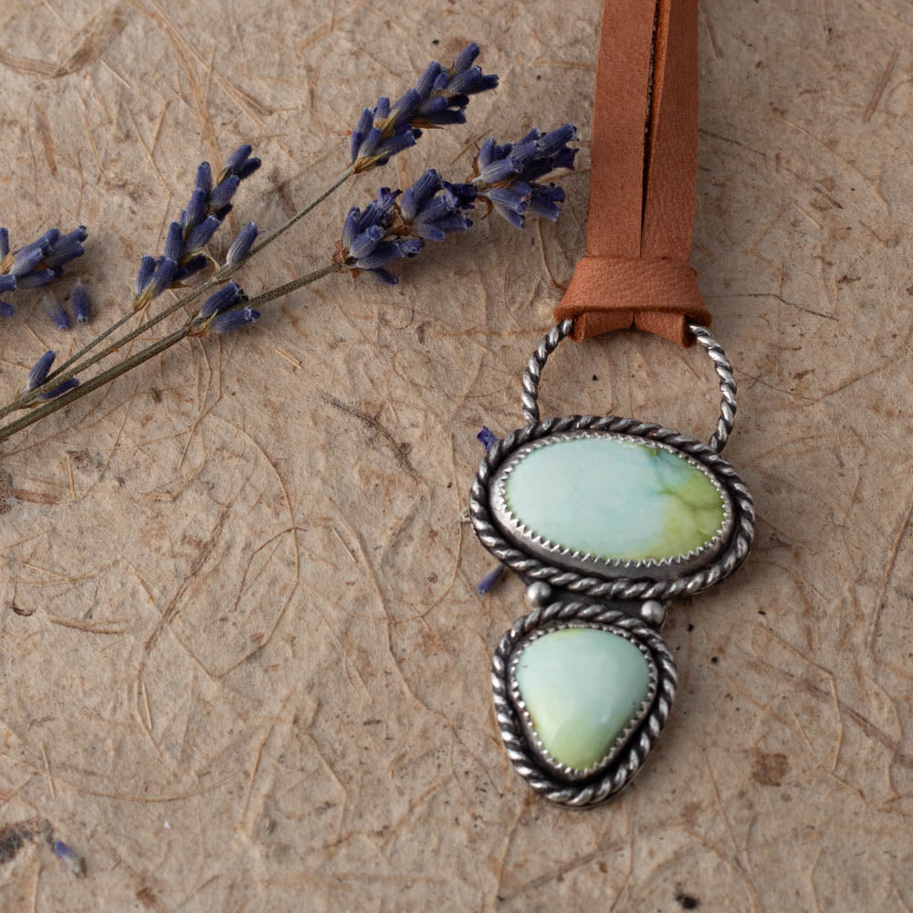 double variscite pendant with oval and teardrop stones in sterling silver on adjustable leather cord, handmade Vermont jewelry