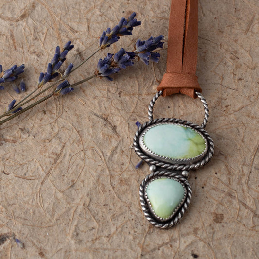 double variscite pendant with oval and teardrop stones in sterling silver on adjustable leather cord, handmade Vermont jewelry