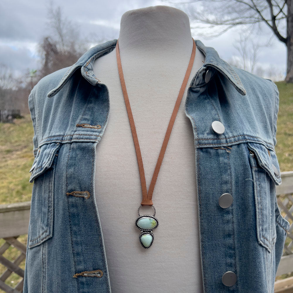 double variscite pendant with oval and teardrop stones in sterling silver on adjustable leather cord, handmade Vermont jewelry