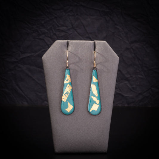 Teal enamel teardrop earrings with 24k gold leaf flakes and 14k gold-filled ear wires, handmade artisan jewelry.