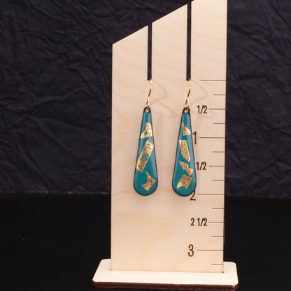 Teal and gold enamel teardrop earrings shown for scale with gold-filled ear wires.