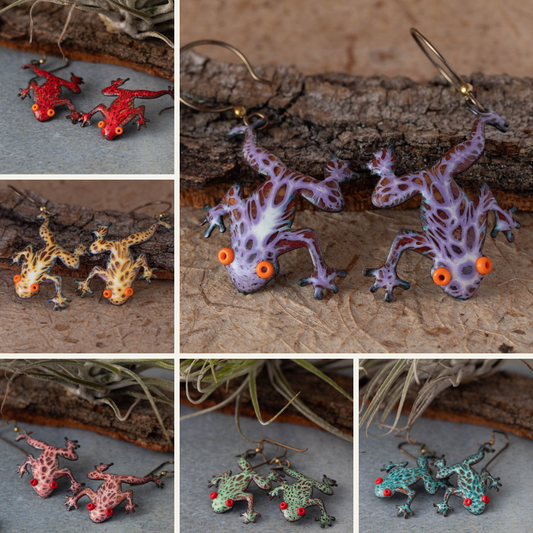 Collage of colorful lizard-shaped earrings on natural backgrounds