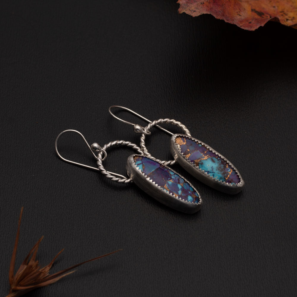 Purple Mohave turquoise and Kingman turquoise earrings with bronze, fine silver bezels, sterling silver twisted hoops, 1.75 inch handmade artisan jewelry.