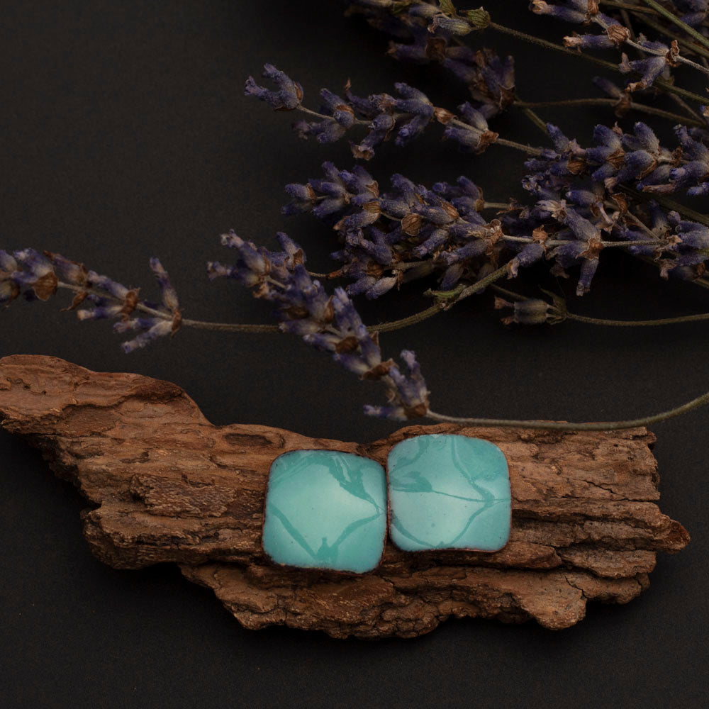 Turquoise square enamel stud earrings handmade in Vermont