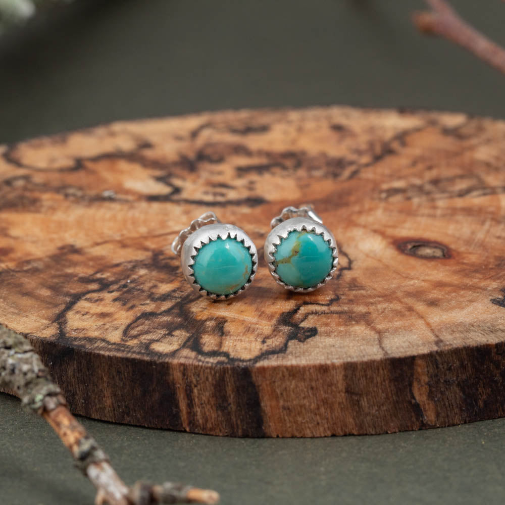 Kingman Turquoise earrings on a wooden surface with branches