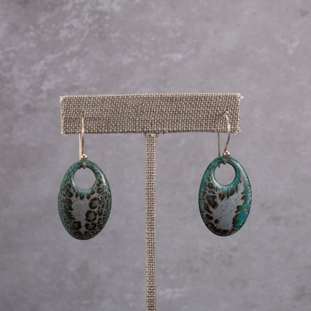Handmade enamel teardrop dangle earrings in turquoise and white, nature-inspired jewelry on copper with sterling silver ear wires