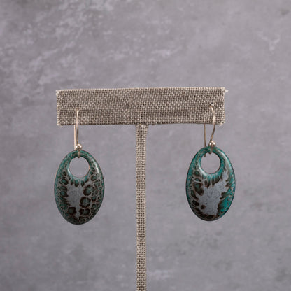 Handmade enamel teardrop dangle earrings in turquoise and white, nature-inspired jewelry on copper with sterling silver ear wires