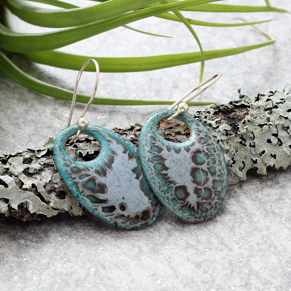 Handmade enamel teardrop dangle earrings in turquoise and white, nature-inspired jewelry on copper with sterling silver ear wires
