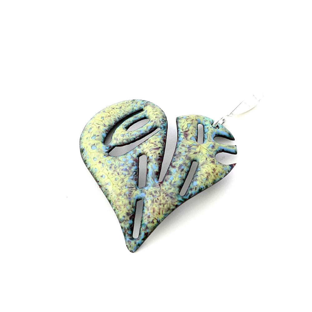 Colorful enamel heart pendant with cutout love lettering and sterling bail