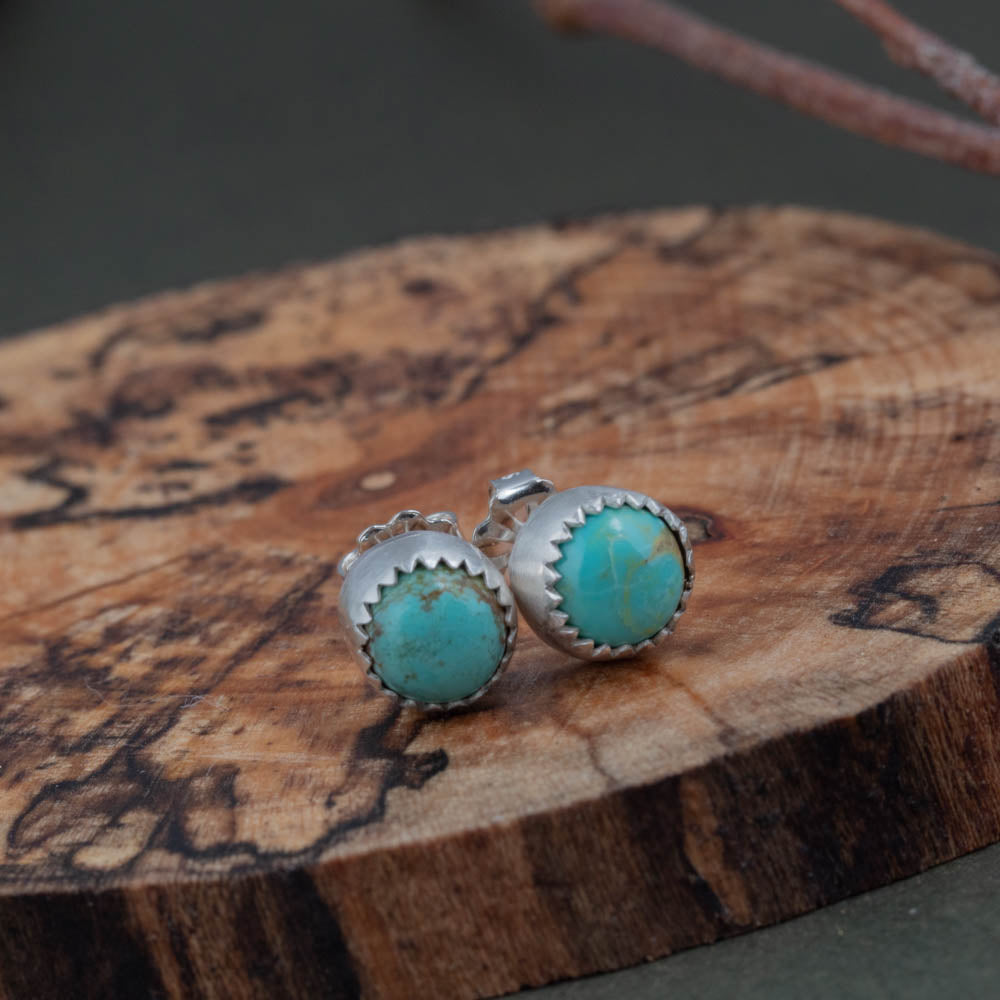 Handmade turquoise studs with serrated fine silver bezel, Vermont artisan jewelry