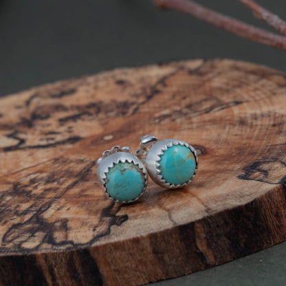 Handmade turquoise studs with serrated fine silver bezel, Vermont artisan jewelry