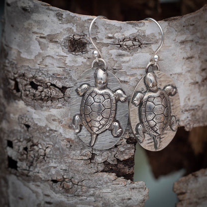 Silver turtle earrings on a textured birch surface