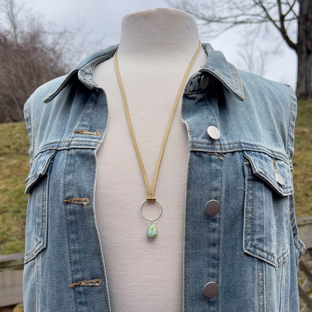 handmade variscite necklace on soft leather cord worn on mannequin