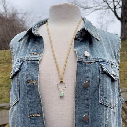 handmade variscite necklace on soft leather cord worn on mannequin