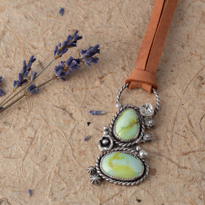 double variscite pendant in sterling silver with organic textured details on adjustable leather cord, handmade Vermont jewelry