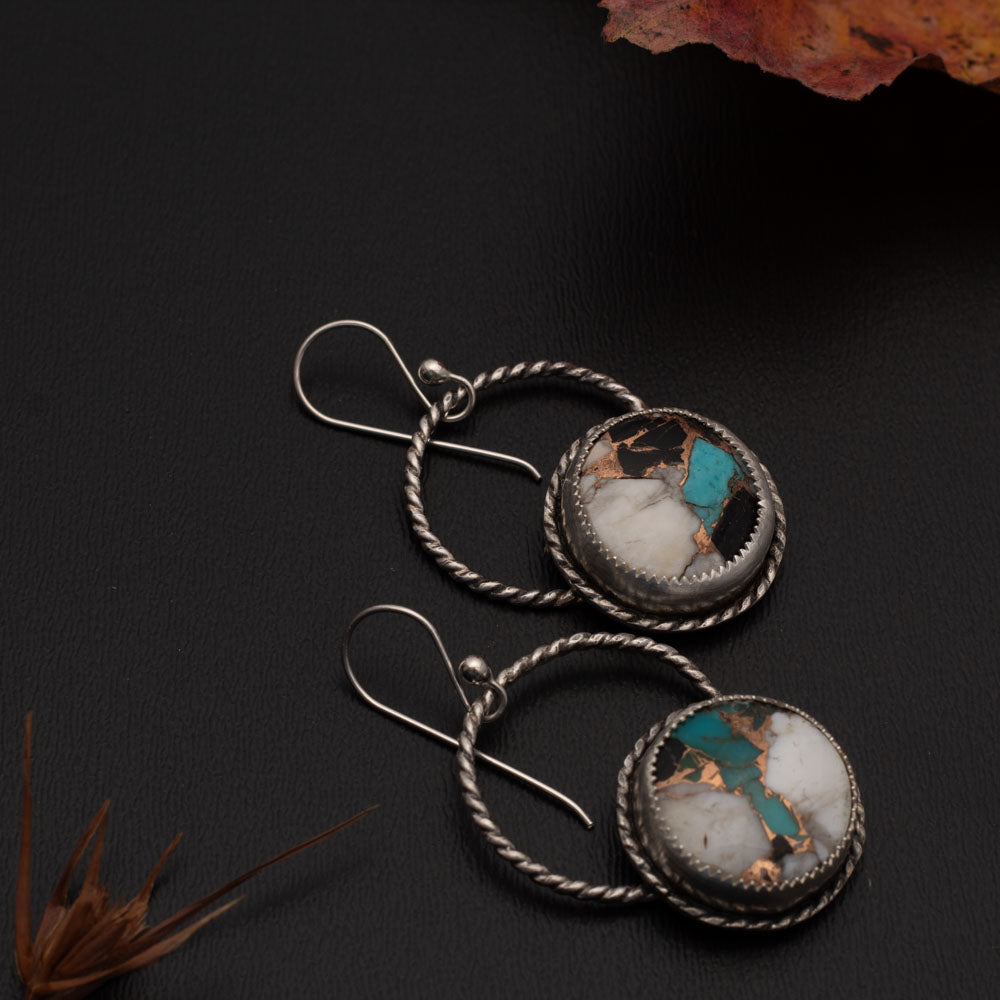 Round White Buffalo and Kingman turquoise composite earrings, fine and sterling silver, 1 3/4 inch long, handcrafted in Vermont.