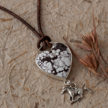 Wild Horse Stone Heart Necklace with Sterling Silver Horse Charm