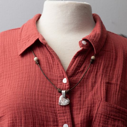 Wild Horse Stone Heart and Fossil Jasper Leather Necklace